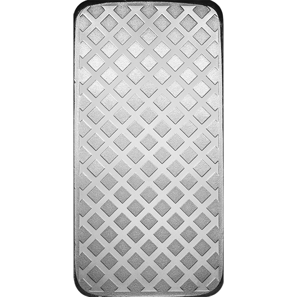 10 oz Walking Liberty silver bar featuring a uniform diamond lattice pattern engraved across the surface.