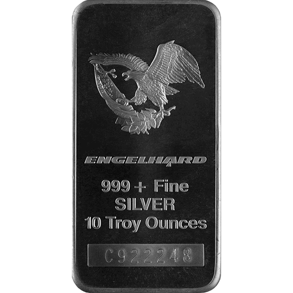 10 oz Engelhard silver bar featuring an eagle grasping a branch, engraved with 'ENGELHARD', '999+ Fine SILVER', '10 Troy Ounces', and a unique serial number at the bottom.