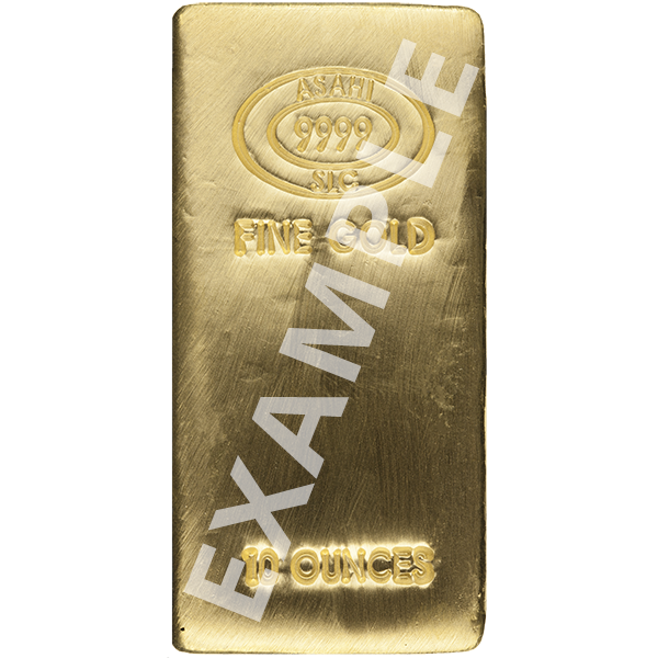 10 oz Asahi gold bar featuring a stamped oval logo with 'ASAHI 9999 SLC', the words 'FINE GOLD' in the center, and '10 OUNCES' engraved at the bottom.