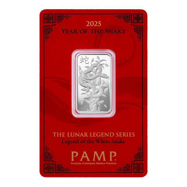 10g PAMP Silver Bar – Lunar Legend Series 2025 Year of the White Snake in red assay card