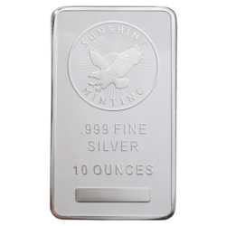 10 oz Silver Sunshine Mint Bar featuring a radiant sunburst design, symbolizing purity and value; ideal for collectors and investors seeking fine silver bars.