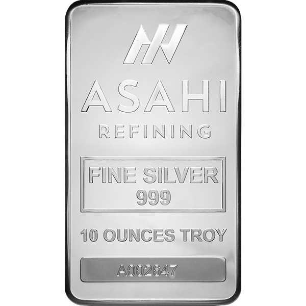10 oz Asahi Refining silver bar featuring the Asahi logo, 'FINE SILVER 999', and '10 OUNCES TROY' markings