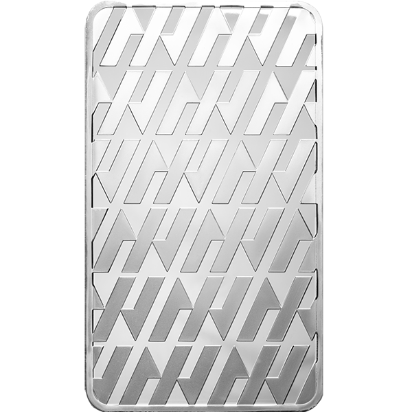 10 oz Asahi silver bar featuring a repeating angled line pattern and polished silver finish.