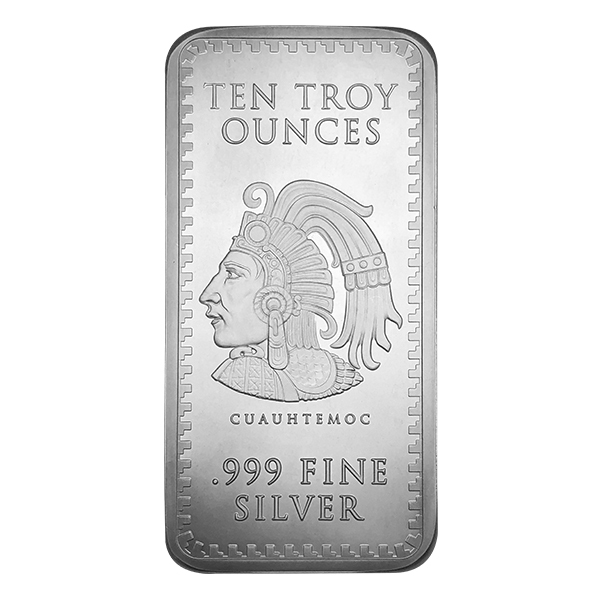 10 oz Aztec silver bar featuring the profile of Cuauhtémoc with the inscriptions 'Ten Troy Ounces' and '.999 Fine Silver'