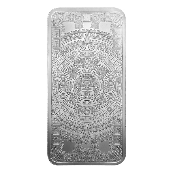 10 oz Aztec Calendar silver bar with Cuauhtémoc design, .999 fine silver, perfect for collectors, investors, and silver enthusiasts.