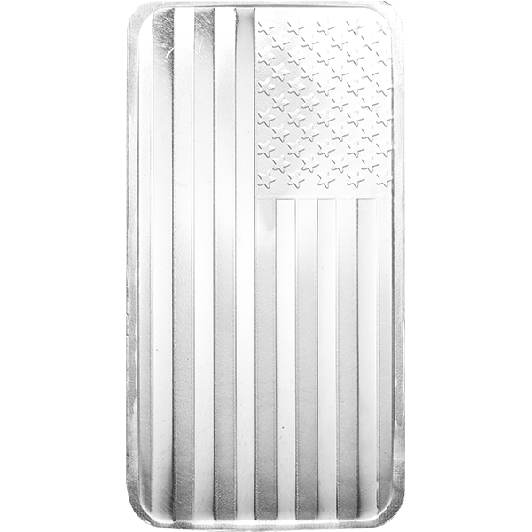 10 oz silver bar featuring an embossed American flag design with stars and stripes.