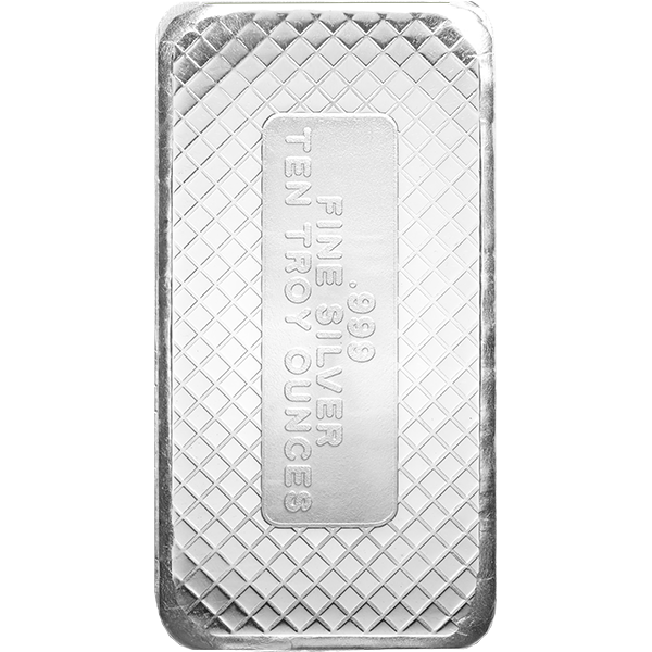 10 oz silver bar with crisscross pattern and engraved text '.999 Fine Silver Ten Troy Ounces'
