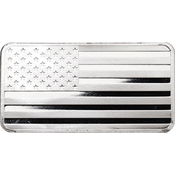 10 oz Highland Mint silver bar featuring a horizontal American flag design with stars and stripes.