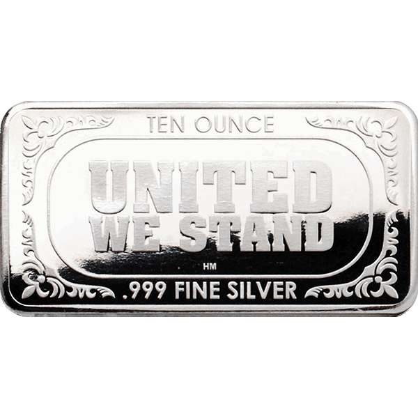 10 oz Highland Mint .999 fine silver bar with ornate borders, “UNITED WE STAND” engraving, and purity and weight inscriptions.