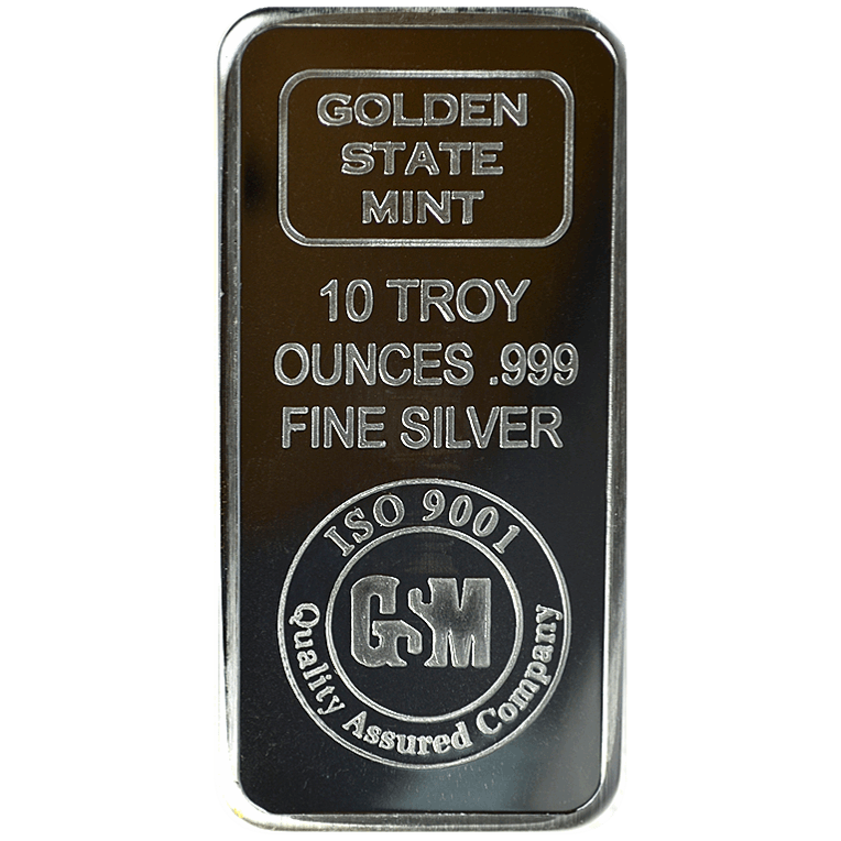 10 oz Golden State Mint .999 fine silver bar with engraved text, circular GSM emblem, and ISO 9001 Quality Assured marking.