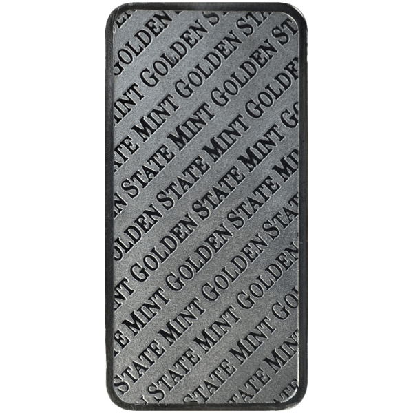 Rectangular silver bar with a repeating diagonal pattern that reads "GOLDEN STATE MINT" across the surface.