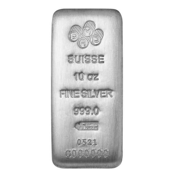 Silver bar stamped with “PAMP SUISSE 10 oz FINE SILVER 999.0” and a logo of four stylized circles at the top, along with a serial number and assay stamp at the bottom.