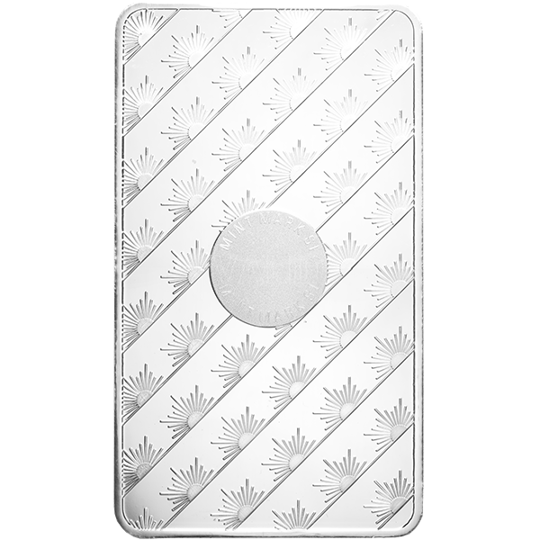 Silver bar with a radiant burst pattern diagonally repeated across the surface and a central circular mint mark.
