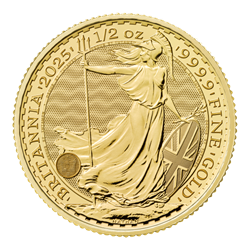 Gold coin showing Britannia holding a trident and shield, inscribed with "BRITANNIA 2025 1/2 oz 999.9 FINE GOLD" around the edge.