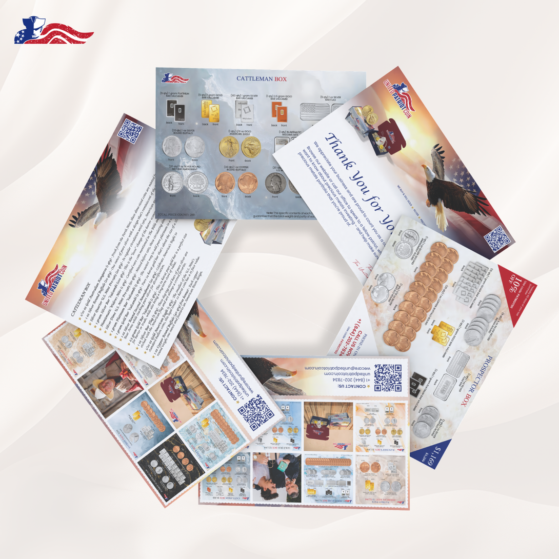 Assortment of promotional leaflets and catalogs featuring coin and bullion products from a patriotic-themed precious metals company.