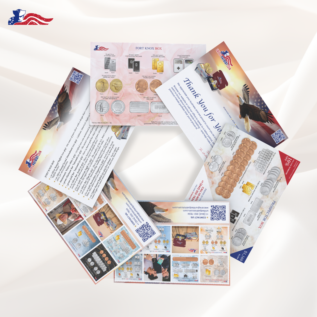 Assortment of promotional leaflets and catalogs featuring coin and bullion products from a patriotic-themed precious metals company.