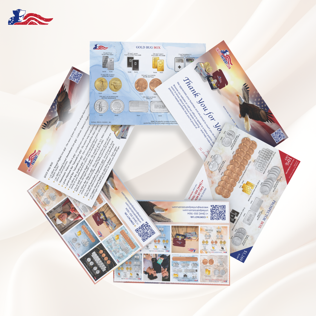 Assortment of promotional leaflets and catalogs featuring coin and bullion products from a patriotic-themed precious metals company.