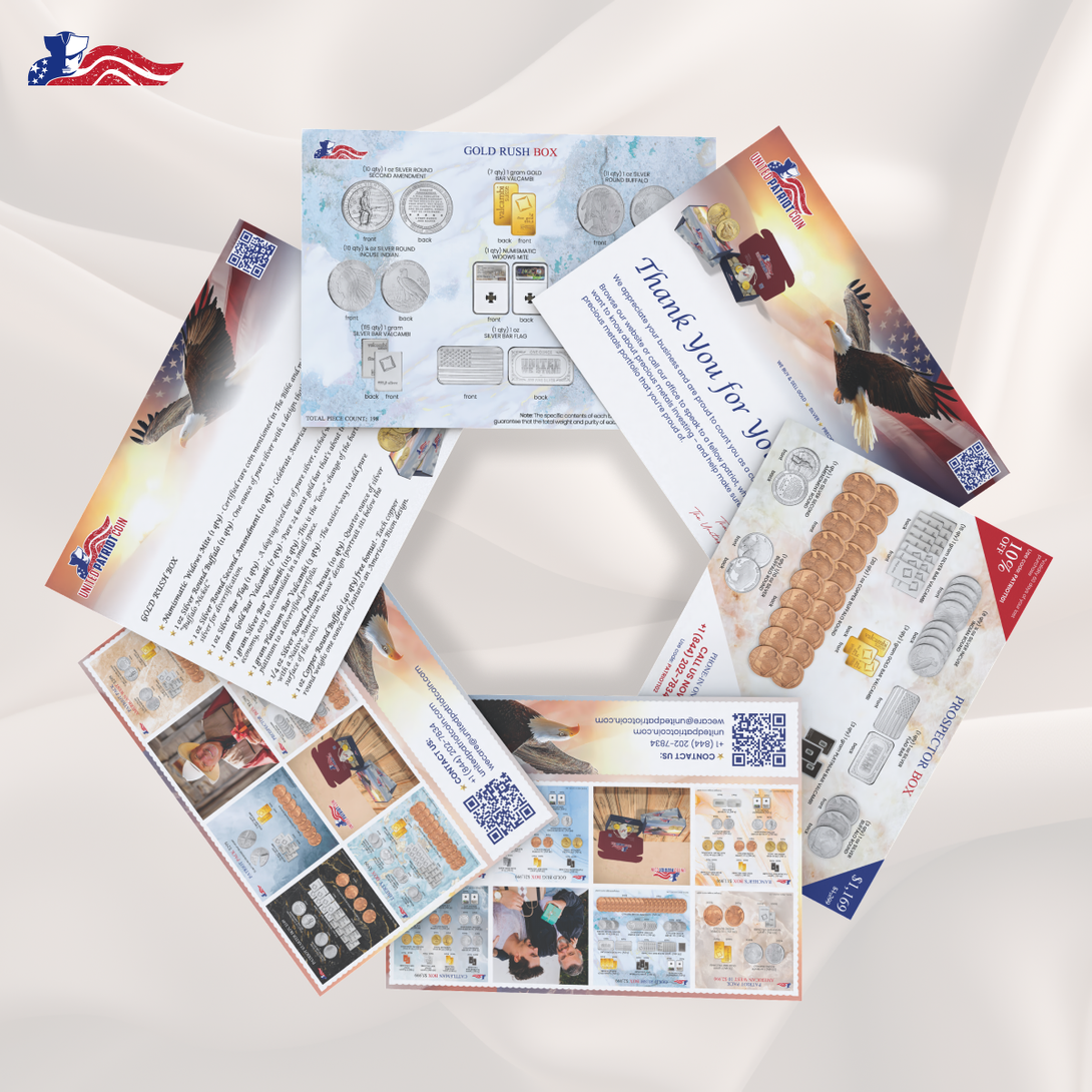 Assortment of promotional leaflets and catalogs featuring coin and bullion products from a patriotic-themed precious metals company.