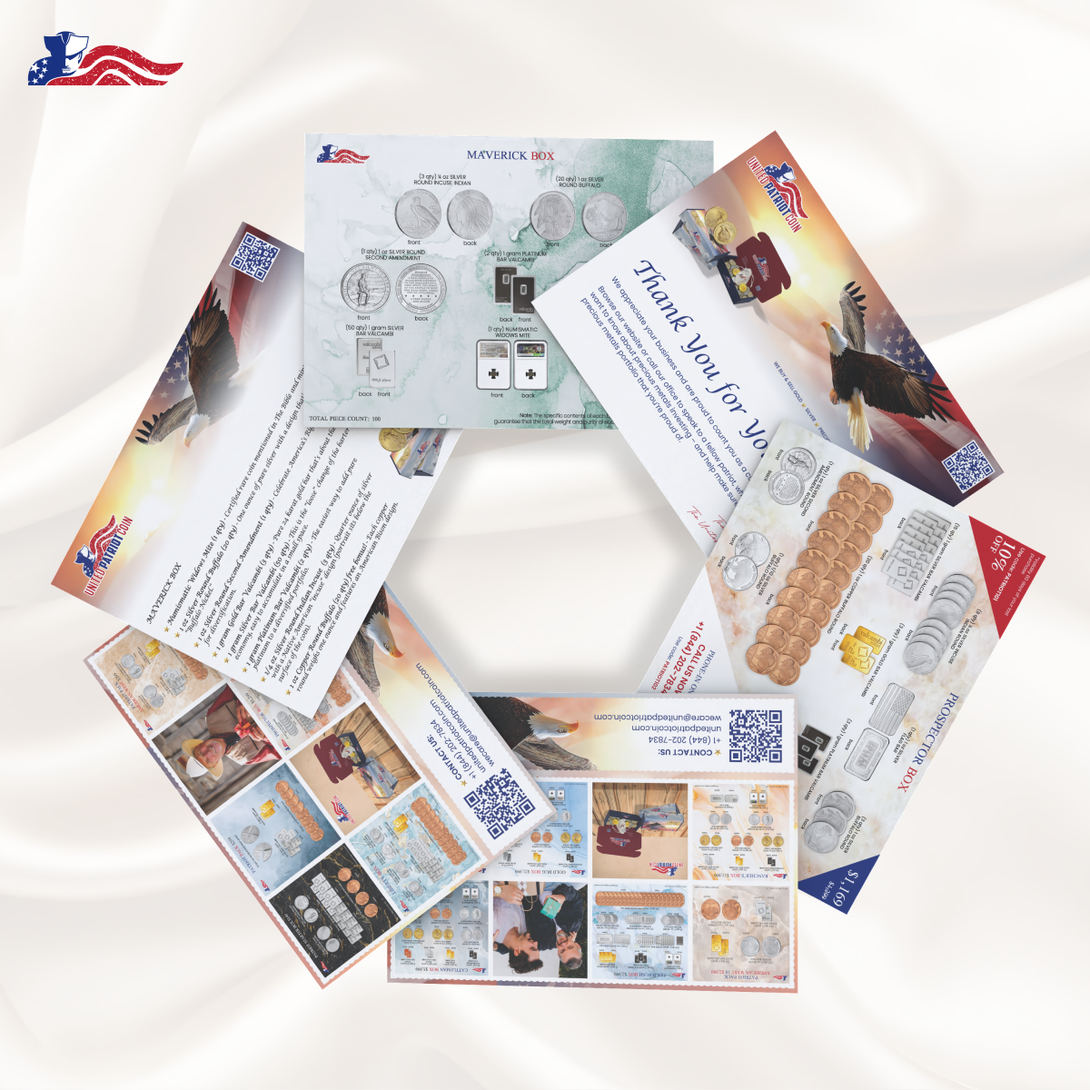 Flyers featuring Maverick Box coin set, thank-you card, and collectible coin boxes from United Patriot Coin.