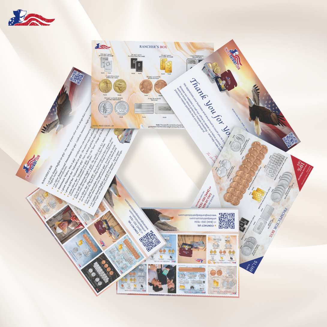 Flyers showcasing collectible coin boxes, gold and silver sets, and patriotic-themed packaging from United Patriot Coin.