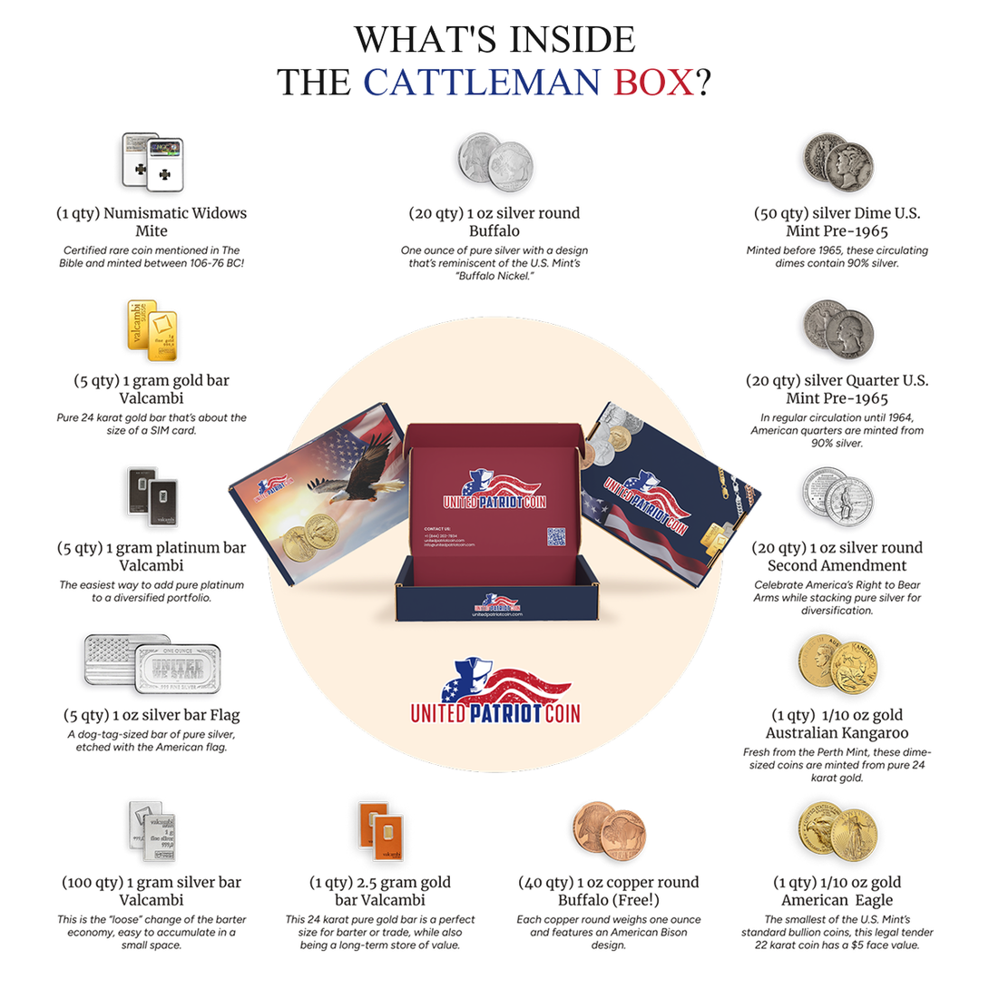 United Patriot Coin Cattleman Box featuring silver rounds, 1g silver bars, gold Valcambi bars, American Eagles, and copper Buffalo rounds.