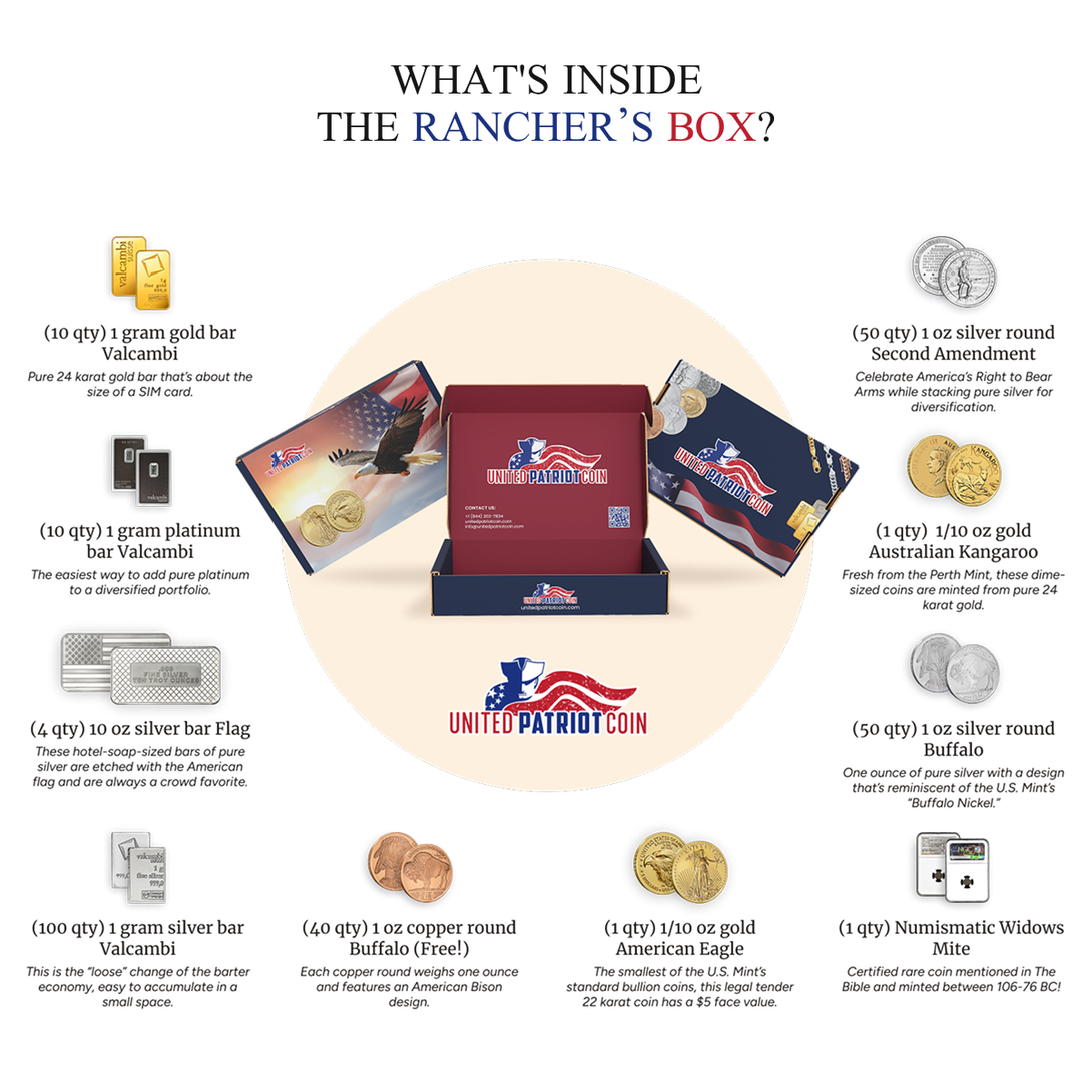 Rancher’s Box with 267 pieces including gold, silver, platinum, and copper rounds in collector box