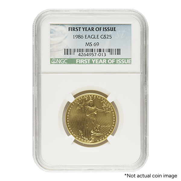 1986 $25 American Gold Eagle coin graded NGC MS69, First Year of Issue, featuring Lady Liberty design, ideal for investors and gold coin collectors.