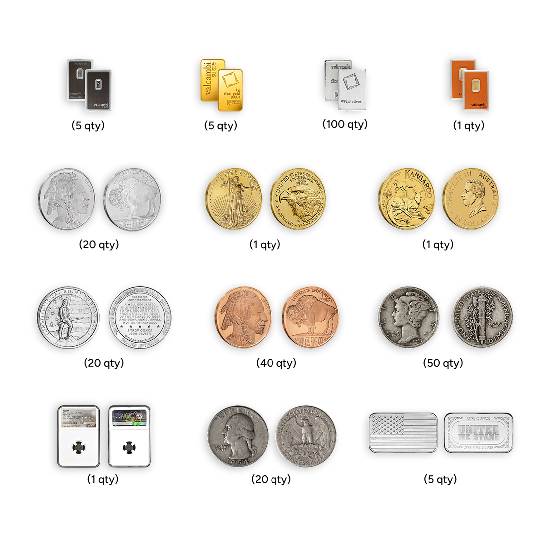 Collection of gold, silver, and copper coins with bars in various designs and quantities, including American and patriotic themes.