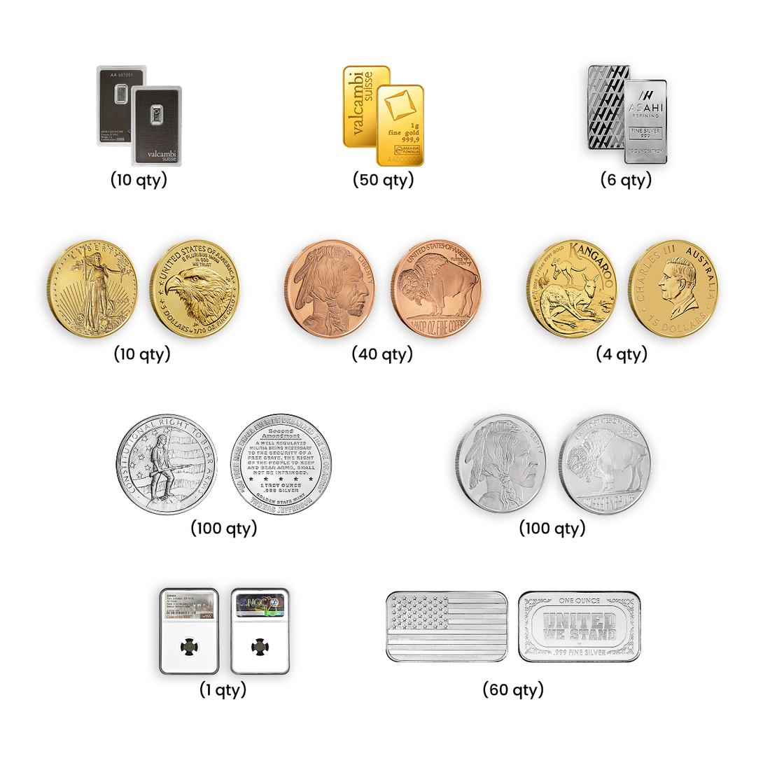 Assorted gold, silver, and copper coins and bars in various designs and quantities, including American Eagles and Valcambi bars.