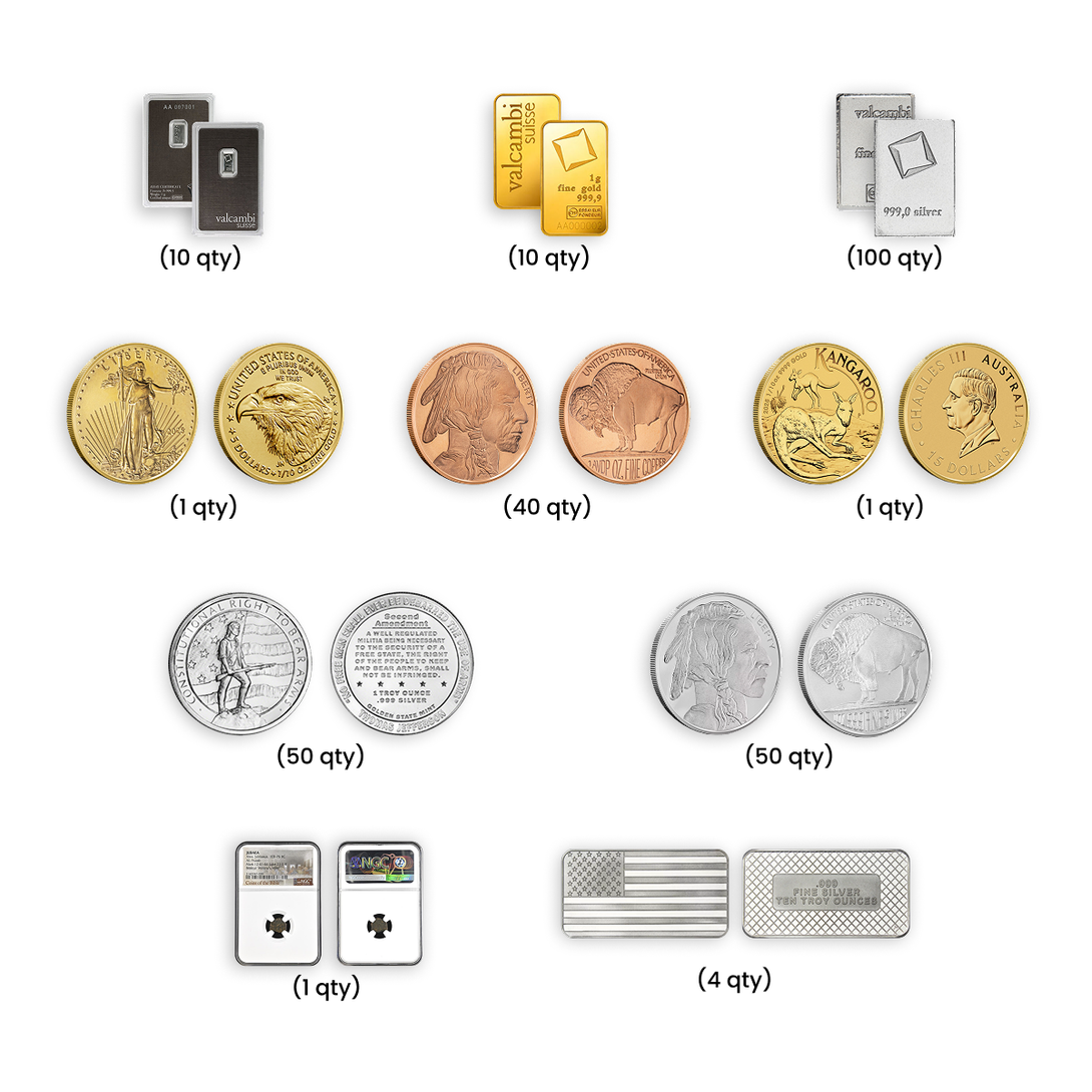Rancher's Box by United Patriot Coins featuring gold and silver bars, copper rounds, American Eagle and Kangaroo coins, flag bars, and a certified coin.