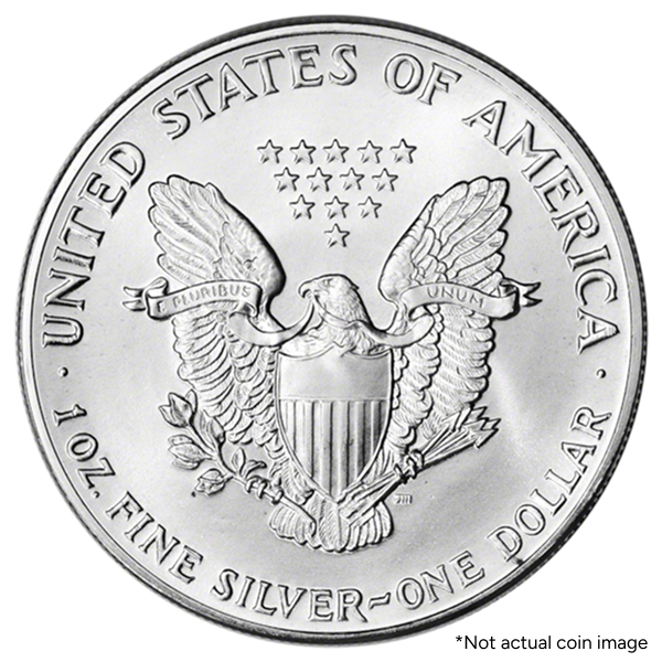 American Silver Eagle 1 oz coin displaying heraldic eagle with shield, 13 stars, and inscriptions of 'United States of America' and 'One Dollar'