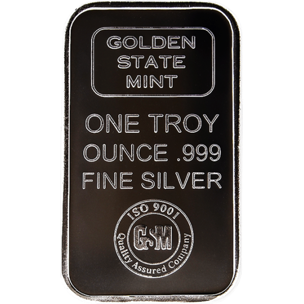 Golden State Mint 1 oz .999 fine silver bar featuring weight, purity, and ISO 9001 certified quality assurance stamp on high-polish bullion surface.