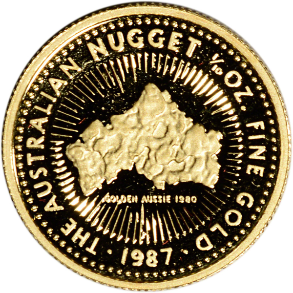 Front view of the 1987 1/10 oz Australian Gold Nugget Coin featuring a detailed golden nugget design