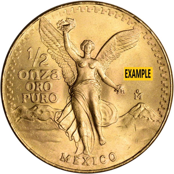 1/2 oz Mexican Onza gold coin featuring Winged Victory holding a laurel wreath, with '1/2 onza oro puro' and 'México' inscribed, mountains in the background.