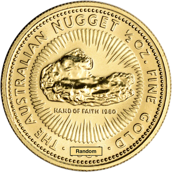 1/2 oz Australian Gold Nugget coin with “Hand of Faith” nugget, sunburst, and 1980 inscription