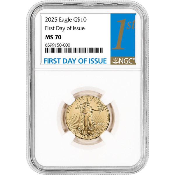 2025 $10 Gold Eagle MS70 NGC First Day of Issue coin with Lady Liberty design in clear holder