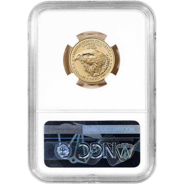 Reverse side of 2025 $10 Gold Eagle coin in NGC holder, showing a detailed eagle head design 