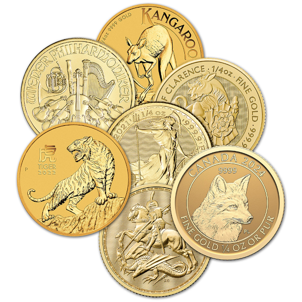 Assorted gold bullion coins from around the world featuring animals, symbols, and national emblems in detailed designs.