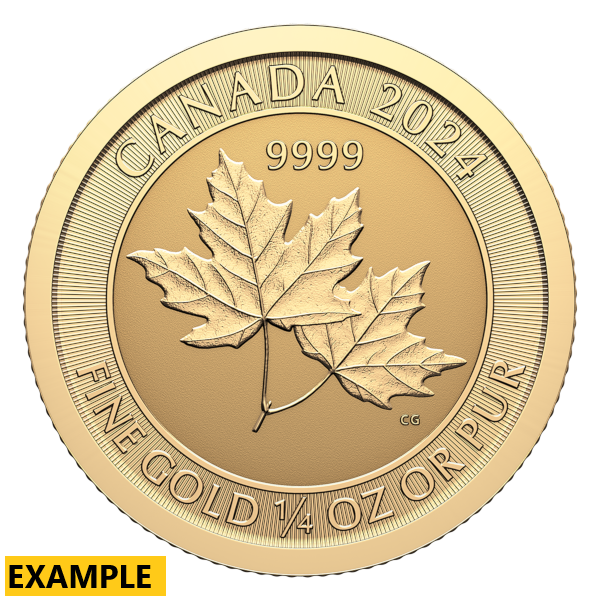 2024 Canadian 1/4 oz gold coin featuring two detailed maple leaves in the center, with the inscriptions ‘CANADA 2024’, ‘9999’, and ‘FINE GOLD 1/4 OZ OR PUR’ around the edge.