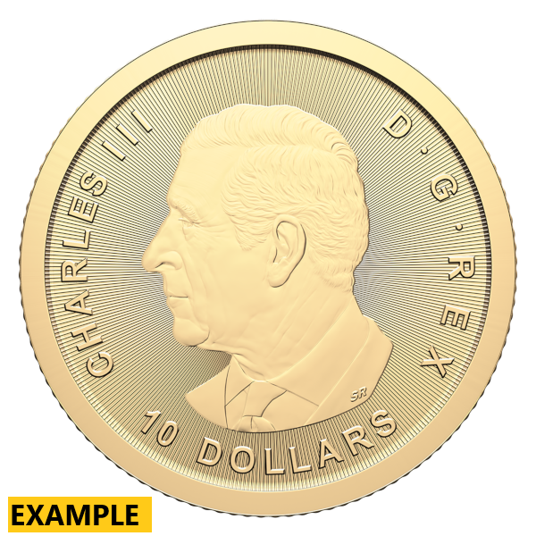 Gold coin featuring a left-facing portrait of King Charles III, with inscriptions ‘CHARLES III’, ‘D·G·REX’, and ‘10 DOLLARS’ around the edge on a radiating line background.