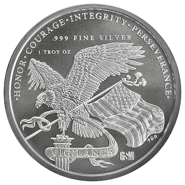 Silver coin with eagle holding US flag and arrows, text reads “VIGILANCE” and values: Honor, Courage, Integrity, Perseverance.