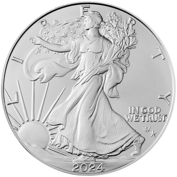 2024 silver coin showing Walking Liberty with flowing flag, rising sun, and the text ‘IN GOD WE TRUST’ and ‘LIBERTY’