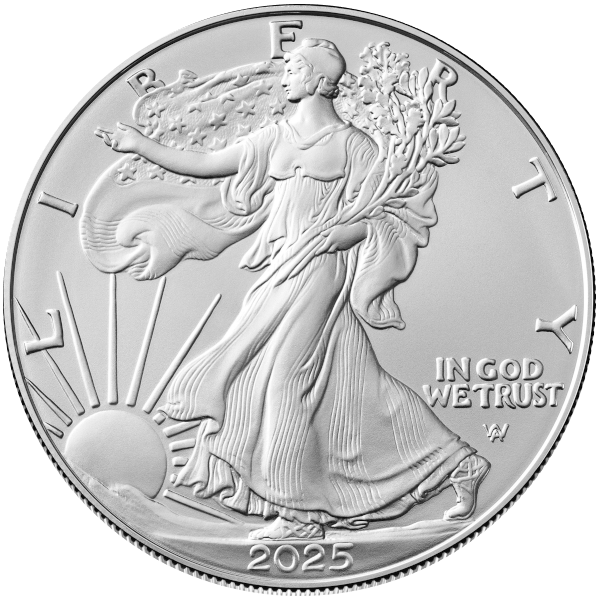 2025 silver coin showing Walking Liberty with flowing flag, rising sun, and the text ‘IN GOD WE TRUST’ and ‘LIBERTY’