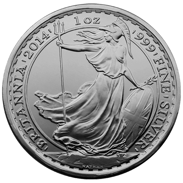 2014 1 oz British Britannia silver coin featuring Lady Britannia with trident and shield, .999 fine silver, ideal for investors and coin collectors.