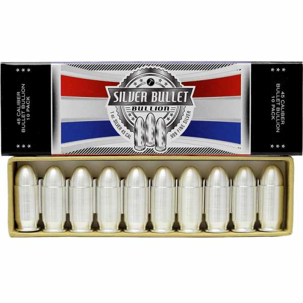Box of ten .45 caliber silver bullet replicas by Silver Bullet Bullion, each made of .999 fine silver, presented in patriotic packaging for collectors.
