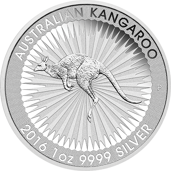 2016 1 oz Australian Silver Kangaroo coin featuring a kangaroo design with radiating sunburst pattern.