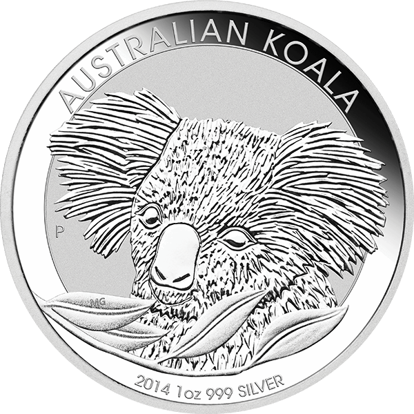2014 1 oz Australian Silver Koala coin featuring a detailed koala design with eucalyptus leaves.