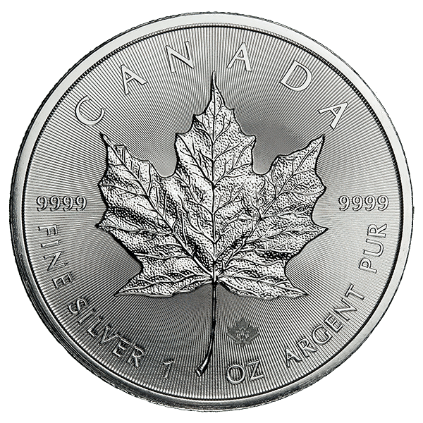 Canadian Silver Maple Leaf coin featuring detailed maple leaf design with 9999 purity and text: 1 oz Fine Silver.