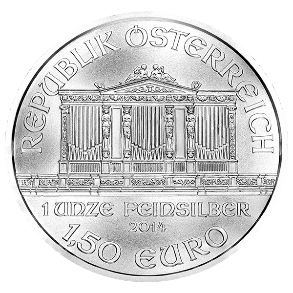 2014 Austrian Silver Philharmonic coin featuring Musikverein pipe organ and inscriptions: 1 Unze Feinsilber, 1.50 Euro.