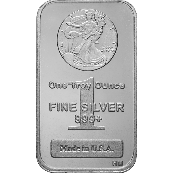 1 oz silver bullion bar marked 'One Troy Ounce Fine Silver 999+,' with Walking Liberty design and Made in U.S.A. text.